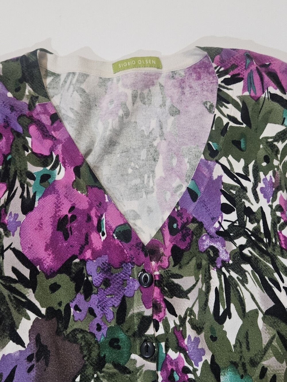 Vintage Sigrid Olsen Cardigan Sweater Womens Medium Purple Green Floral Print - Picture 2 of 5